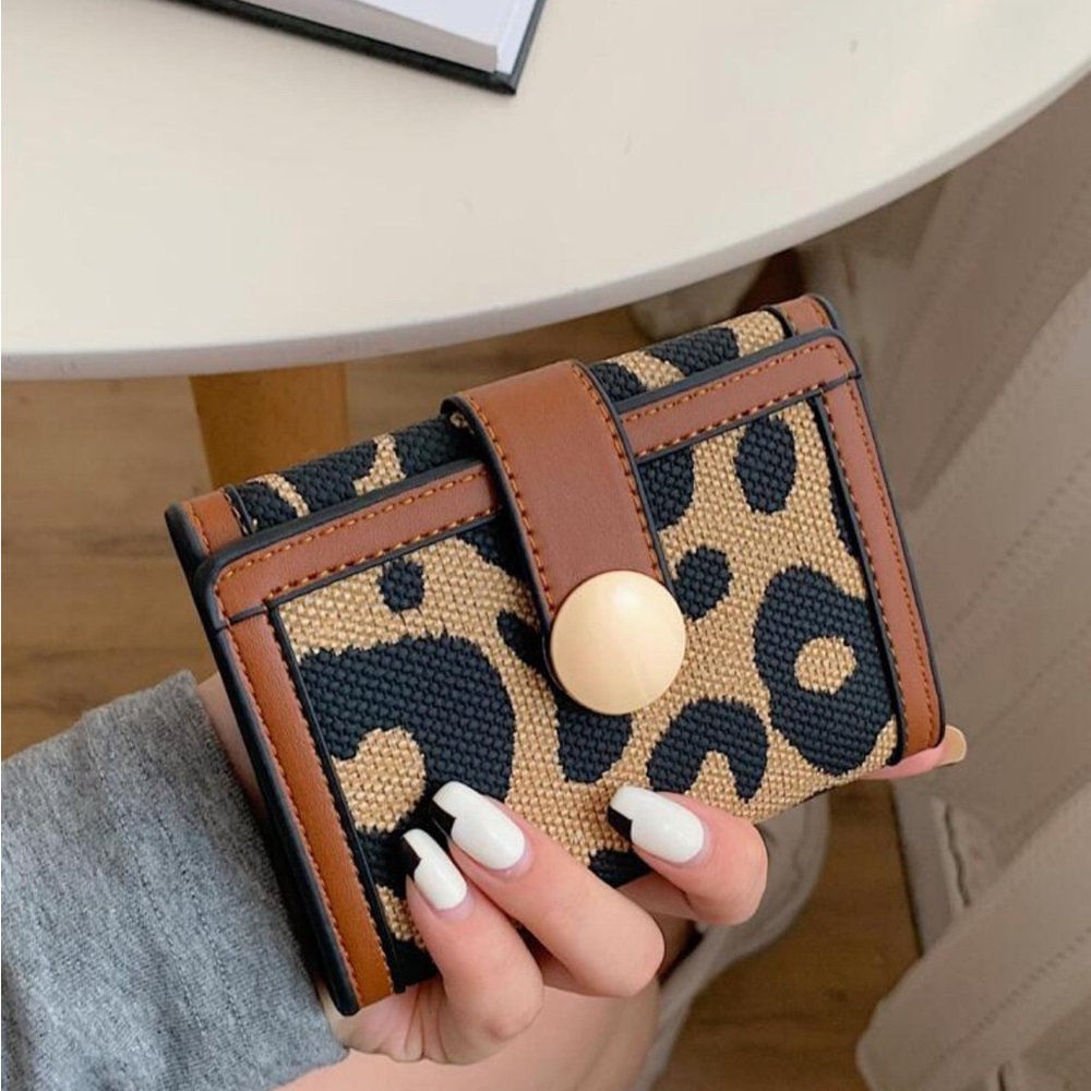 Rebellious Rose Leopard-Print Tan Black Compact Trifold Wallet